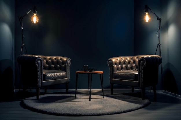 Two leather chairs in a dark room with a table and lamp hanging from the ceiling.