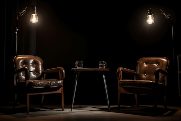 Two leather chairs on a dark stage with a glass table and a lamp that says'the word'on it '