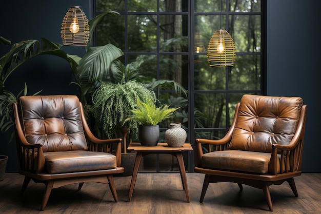 Two leather midcentury armchairs and wooden coffee table