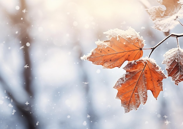 Two leaves on a branch hanging above a snowy landscape The ear