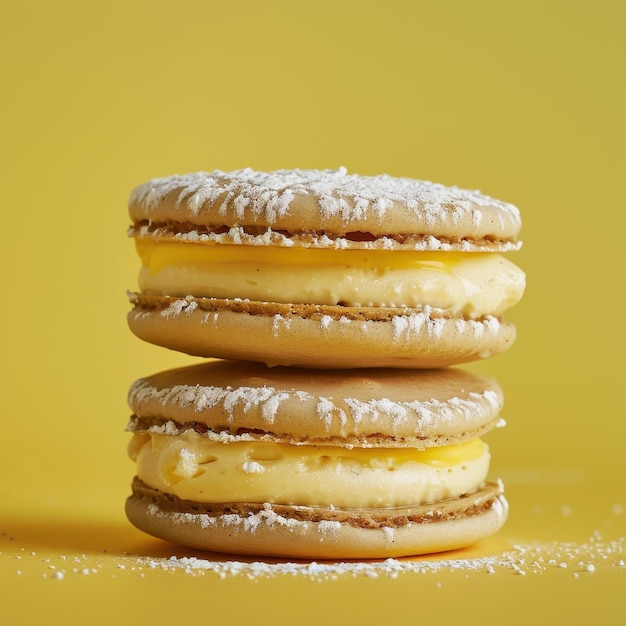 Two lemon macarons with white frosting and lemon curd filling on a yellow background