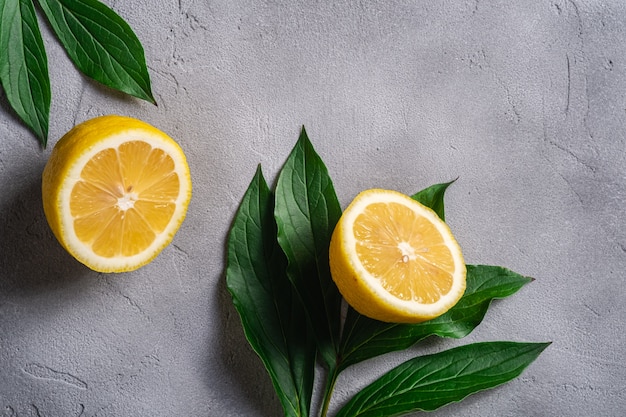 Two lemon slices, tropical citrus fruits with green leaves on grey concrete surface, top view