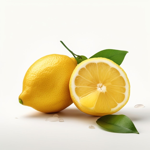 Two lemons with green leaves on a white background.