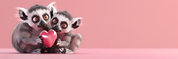 Two Lemurs Holding a Heart on a Pink Background