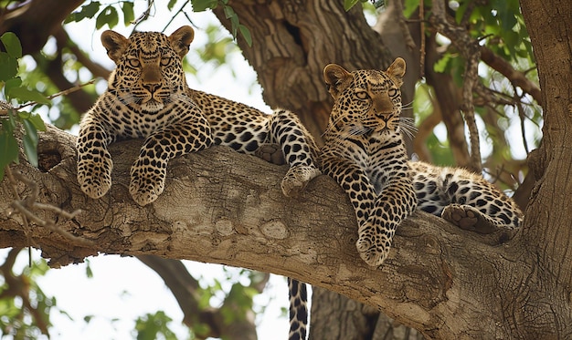 two leopard cubs resting in a tree one of which is laying on a branch