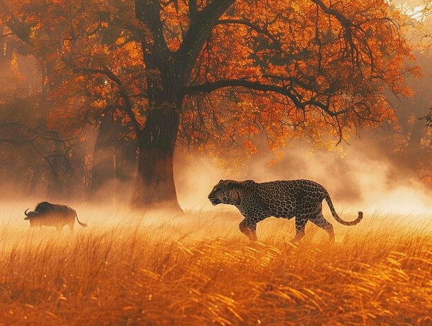 Photo two leopards are walking through the grass in the forest