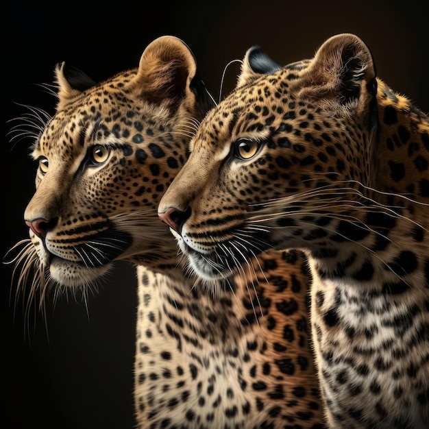 Two leopards hyperrealistic photo realistic 8k black background generative AI