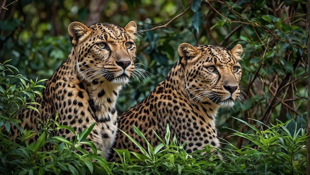 Two leopards staring at the camera