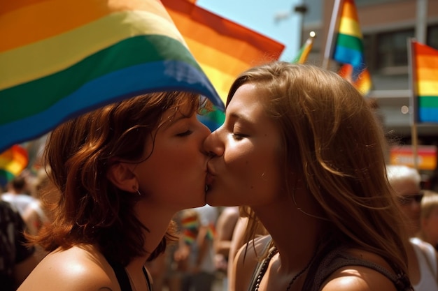 Two lesbian girls kissing in a gay pride parade with LGTBI flags