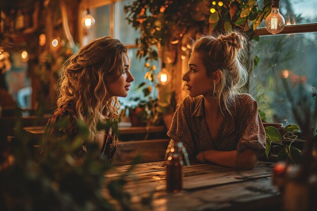 Photo two lesbian women on a date in a cafe