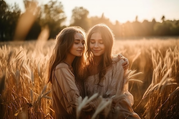 Two lgbt lesbian girls in love hug in field in summer sunset Generative AI