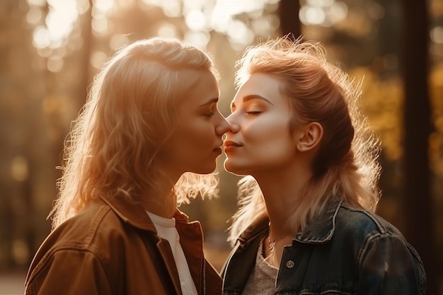 Two lgbt lesbian girls in love kiss in nature in park in summer Generative AI