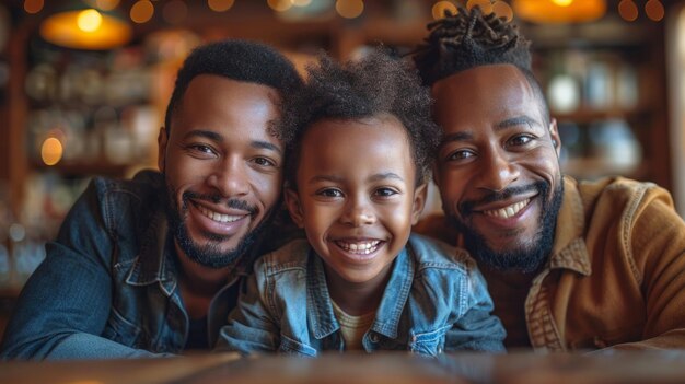 two lgbt men with their daughter playing at home