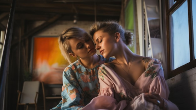 Photo two lgbtq women embracing tightly in their cozy apartment radiating love and acceptance celebrating their unique bond ai generated