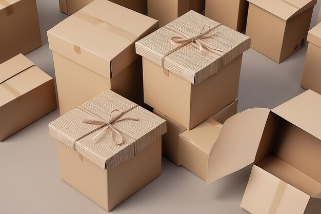 two light brown flat 3d rendering paper boxes stacking isolated white background