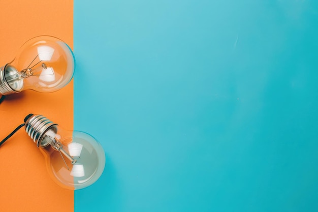 Photo two light bulbs rest on a split background of orange and turquoise showcasing innovative energysaving tips in a visually striking manner