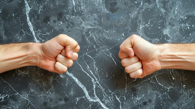 Photo two lightskinned male fists poised in confrontational stance on dark marbled background