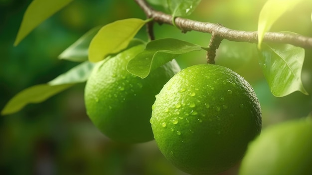 Two limes on a tree with rain drops on them