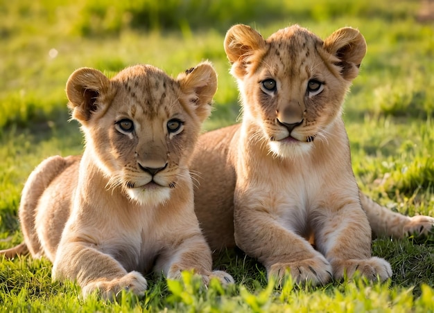 Photo two lion cubs are laying on the grass