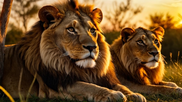 Two lions are laying down in grassy field with trees in the background at sunset