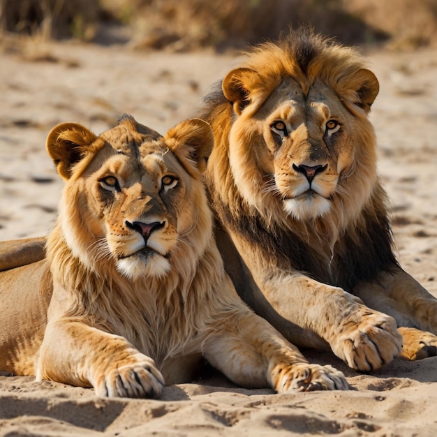 Photo two lions are laying on the sand and one is laying down