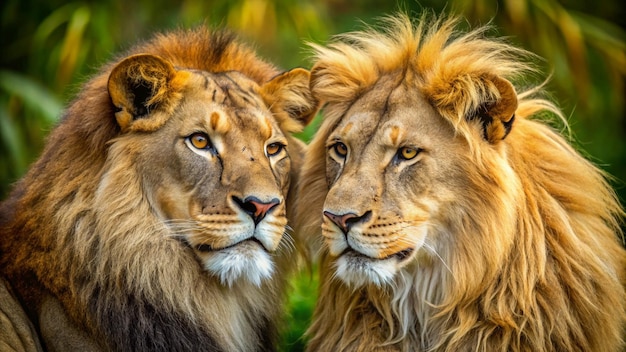 two lions are looking at each other and one has a white beard