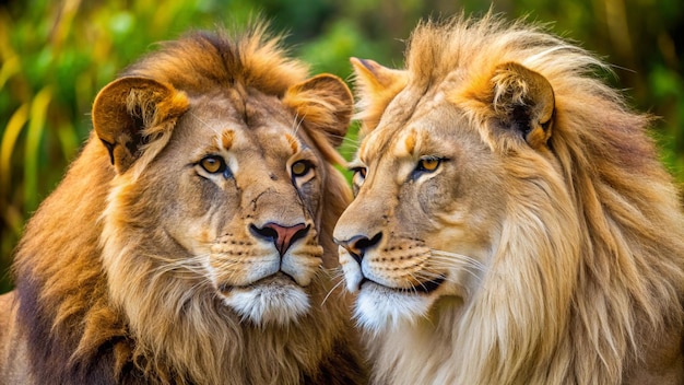 two lions are looking at each other and one has a white face