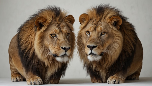 Two lions are lying side by side facing each other with a white heart between them