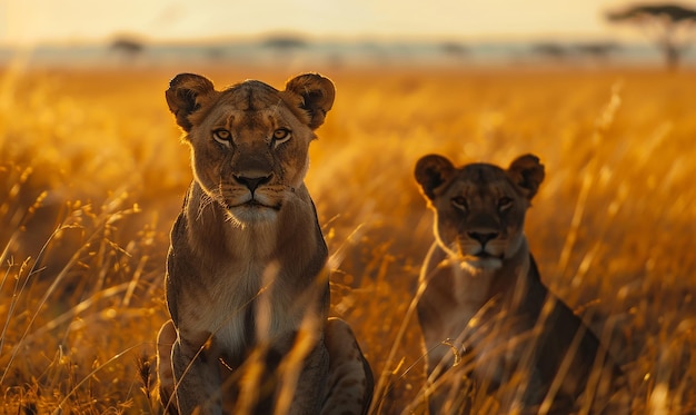 two lions are sitting in the grass one is looking at the camera