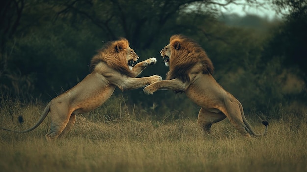 Photo two lions in a fierce confrontation in tall grass