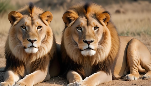 two lions laying on the ground one of which is a lion