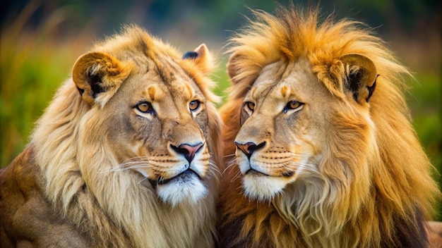 two lions looking at the camera one has a white stripe on his chest