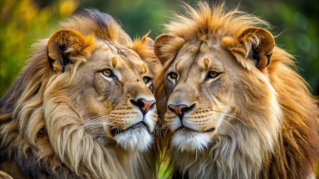 two lions looking at each other with one looking at the camera