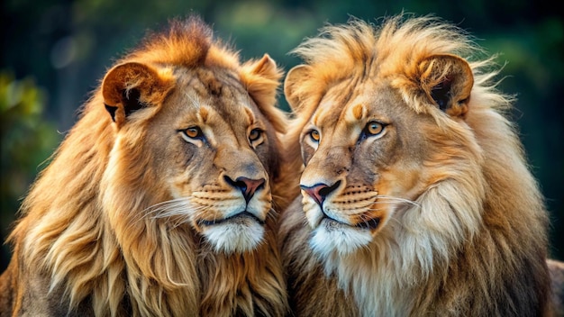 two lions looking at each other with their eyes open