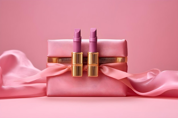 Two lipsticks in a pink box with a ribbon around the top.