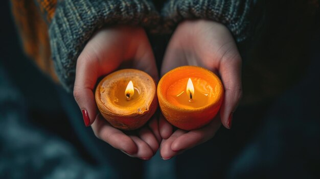 Two lit candles in orange bowls are being held by a person