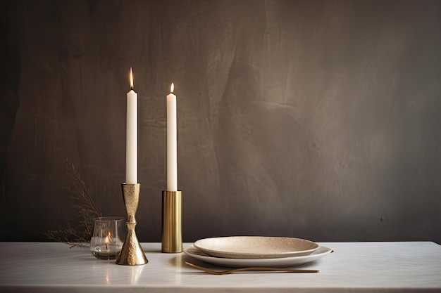 Two lit candles sitting on a table with a plate