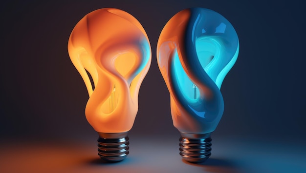 Two lit up light bulbs with one being a blue and orange light bulb.