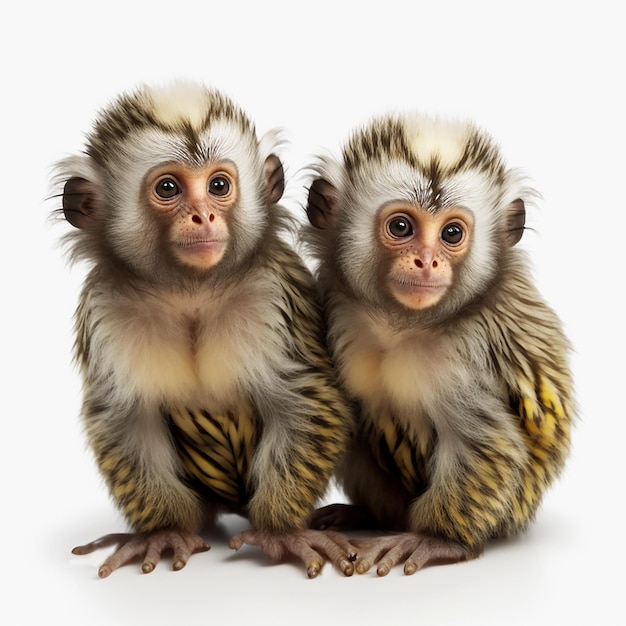 two little adorable marmoset monkeys isolated on white closeup nice animals