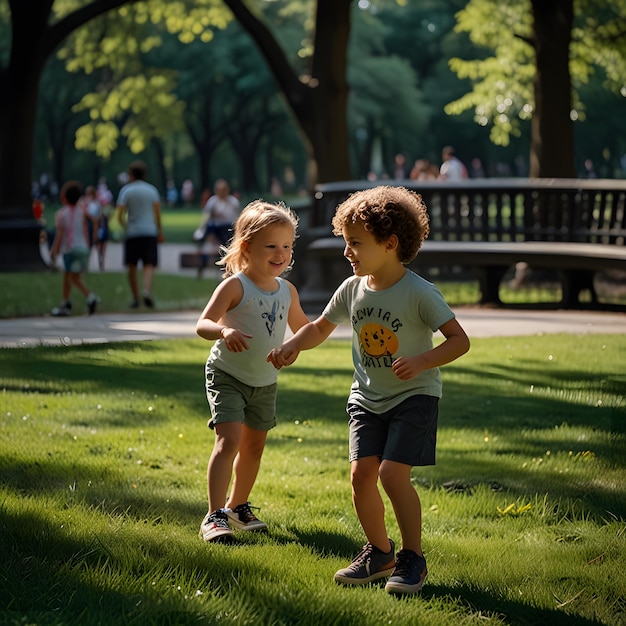 two little boys are holding hands and one has a shirt with the word quot me quot on it