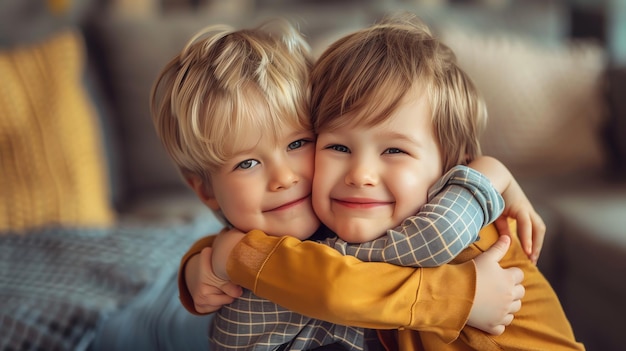 Photo two little boys are hugging each other they are both smiling and look happy