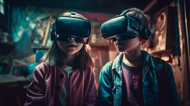 Two little children boy and girl playing with virtual reality glassesgenerative ai