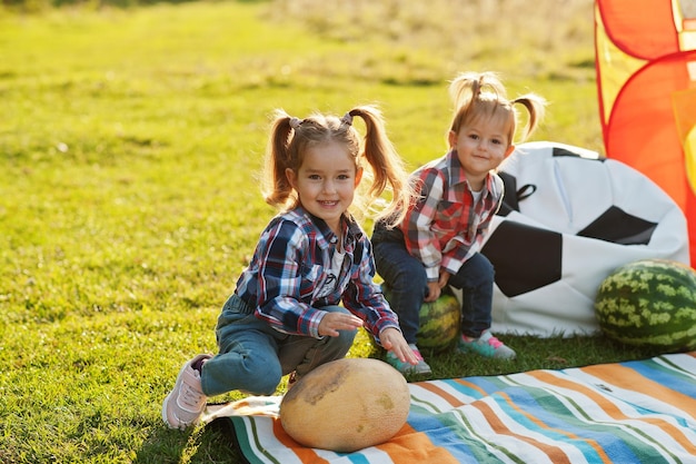 Two little cutie sister girls outdoor in picnic wear checkered shirt Sitting on watermelon