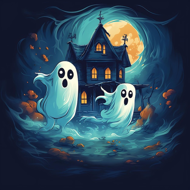 two little ghosts flying through a old and spooky house in style of pixar strong colors