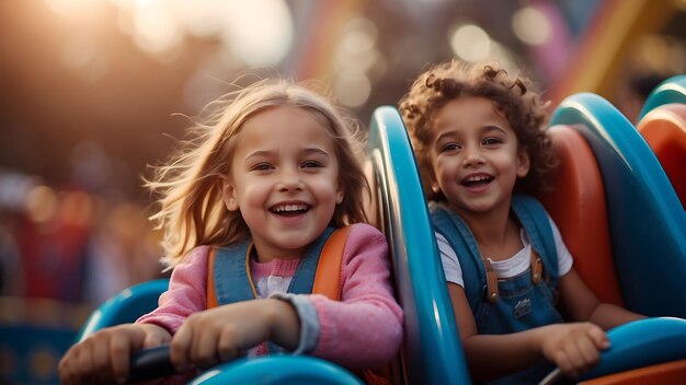 two little girls are riding on a blue roller coaster