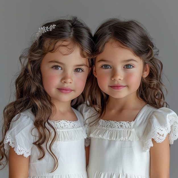 Photo two little girls are sitting on a couch and one has a white dress on