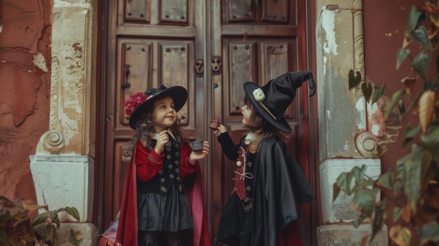 Photo two little girls are standing in front of a door with a door that says  little girl