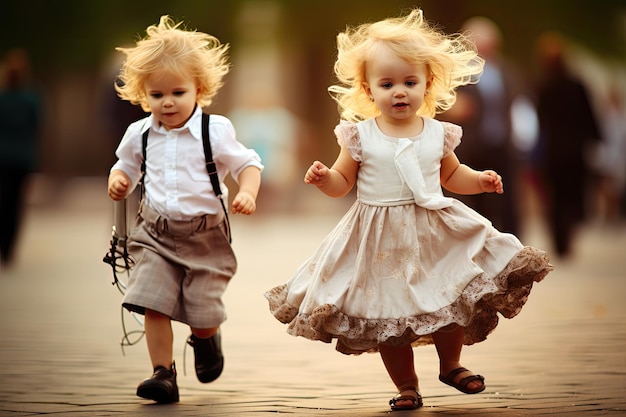 two little girls are wearing suspenders and the one is wearing a white shirt with the words " the word " on it.