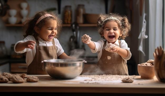 Two little girls cooking in a kitchen, one of which is wearing aprons and the other is wearing aprons and the other is wearing aprons.