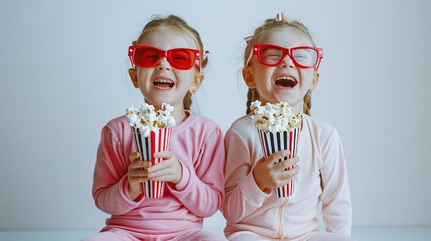 Photo two little girls in matching pink pajamas laugh while holding striped popcorn containers creating a delightful and cheerful moment